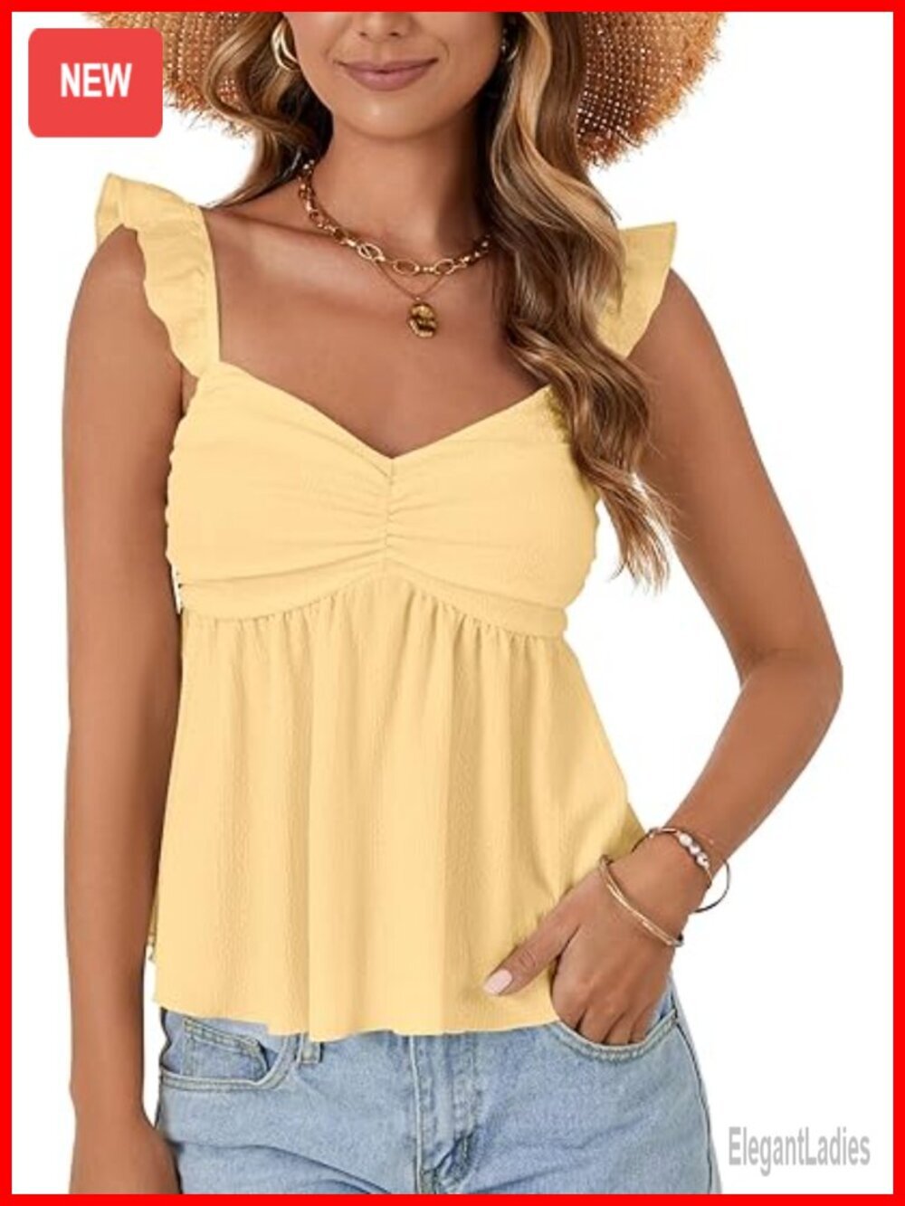 Women's Ruffled Strap Sleeveless Babydoll Tank Top Flowy Peplum Camisole